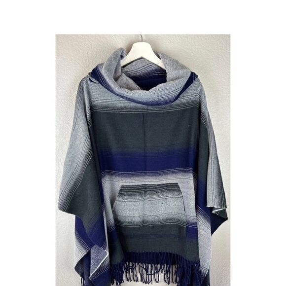 Free People Desert Dream Blue Striped Cowl Neck Poncho One Size. - Picture 4 of 10